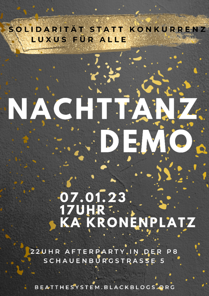 Plakat zur Nachttanzdemo BeattheSystem am 07.01.2023 in Karlsruhe gold